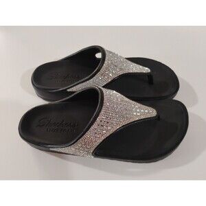 Skechers Luxe Foam Thong Sandals Rhinestone Design Women Size 9 Black
